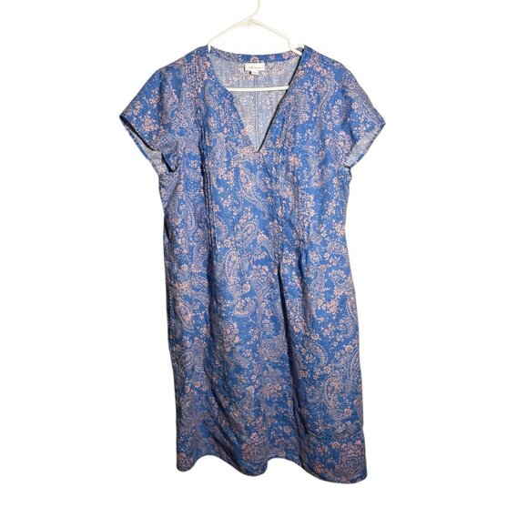 J. Jill Love Linen Blue & Pink Floral Patterned V-Neck Pleated Dress Size XL - Picture 1 of 9